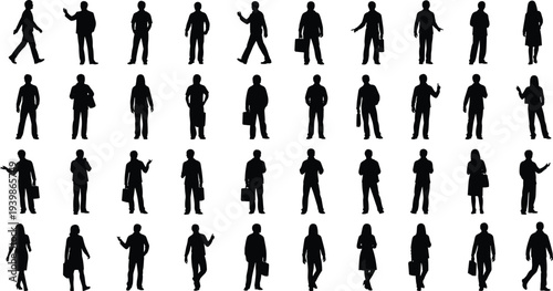 Business people silhouettes collection featuring men and women standing, walking, carrying briefcases in professional poses, corporate worker figures isolated on white background