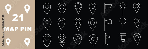 Vector illustration of location pin icons in black-and-white minimalist design symbolizing maps, navigation, travel, and digital cartography