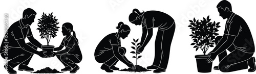 Family planting trees silhouettes showing parents and children gardening together, environmental 