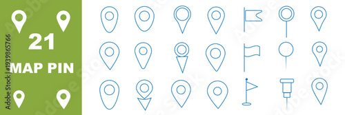 Vector illustration of location pin icons in black-and-white minimalist design symbolizing maps, navigation, travel, and digital cartography