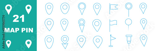 Vector illustration of location pin icons in black-and-white minimalist design symbolizing maps, navigation, travel, and digital cartography