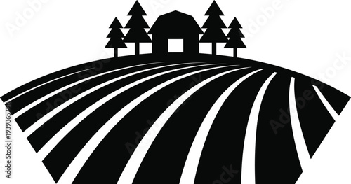 Silhouette of rural farm landscape, barn on hill, pine trees, cultivated farmland rows, agriculture illustration, minimalist black and white design
