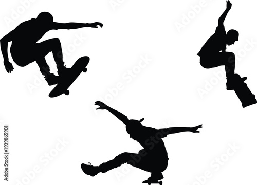 Silhouette of skateboarders performing tricks, street sport culture illustration, dynamic skateboarding poses, athletic movement design, black and white artwork