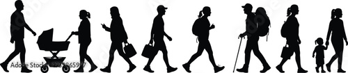 People walking silhouettes representing daily life stages, family, travel, work and migration concept, diverse human figures carrying bags, stroller and child isolated on white background