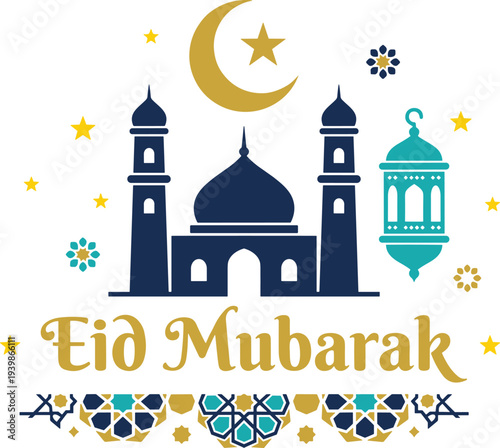 Islamic Celebration Greeting Card for Eid Mubarak with Mosque, Lantern, and Stars symbolizing festive occasions and religious holidays