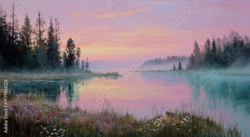 Misty Lake at Dawn - Pastel Sky Reflections in Tranquil Waters.