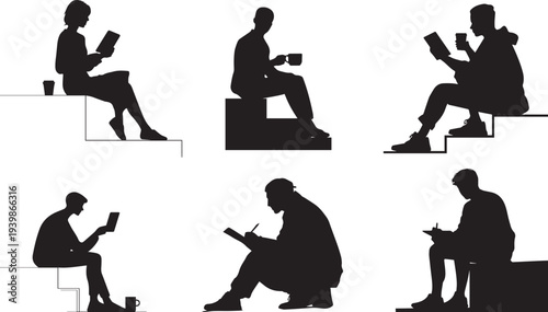 Set of 6 people reading vector silhouettes
