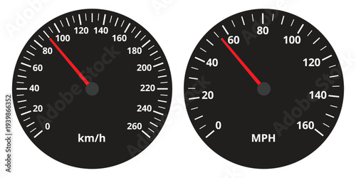 Professional Detailed Car Speedometer Vector Set. 260 kmh and 160 MPH Analog Gauges, Black Dashboard Dials with Red Needles. Isolated on white background