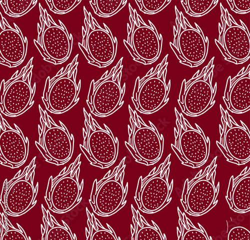 Dragon Fruit Seamless Pattern Vector. Hand Drawn Pitaya Tropical Fruit Illustration. Outline Doodle Style Repeating Food Background. Decorative Exotic Fruit Texture.