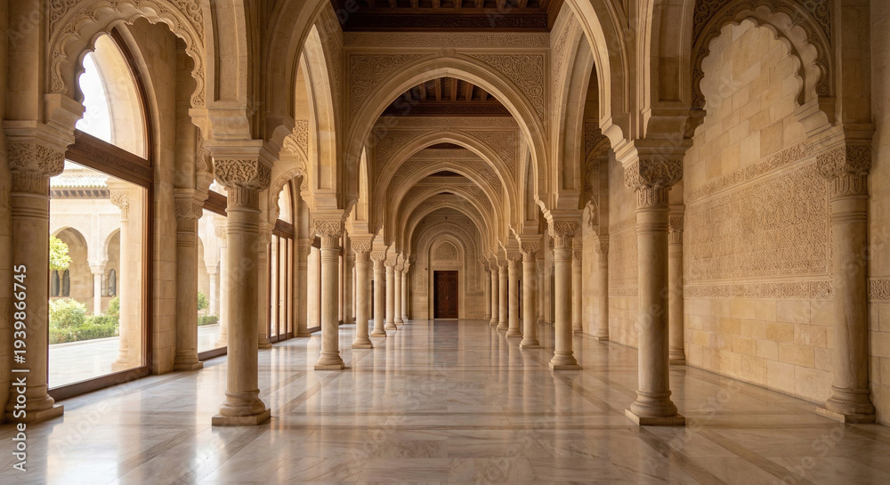 Obraz premium Elegant Mosque Corridor With Repeating Arches and Natural Light