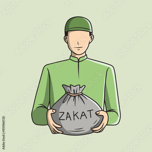 Muslim Man Holding Zakat Donation Bag Illustration