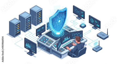 A cybersecurity expert works on a computer system with a large blue shield, surrounded by servers, monitors, and network hardware in an office with skyscrapers in the background.