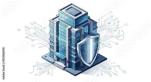 A skyscraper with a shield in front of it, representing internet security and data protection with a circuit board pattern in the background.