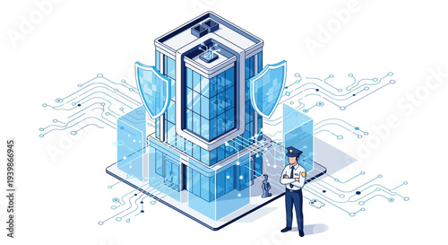 An isometric illustration of a man standing beside a secure server room with shields, representing internet security and data protection in a modern technology setting.