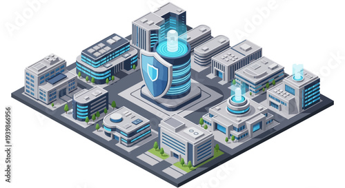 Isometric illustration of a secure cityscape with skyscrapers, servers, and databases protected by a firewall and shield, representing internet security and data safeguard in a