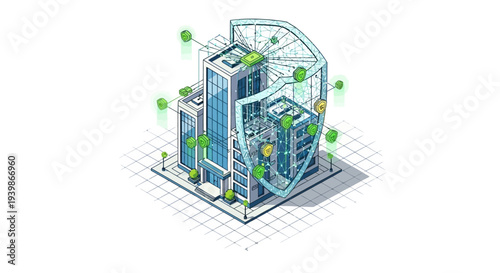 A 3D illustration of a server room with a firewall and network system for cybersecurity and data protection in a skyscraper.