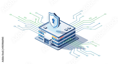 An isometric illustration of a server with a shield and lock on top, surrounded by circuit board lines, representing internet security and data protection.