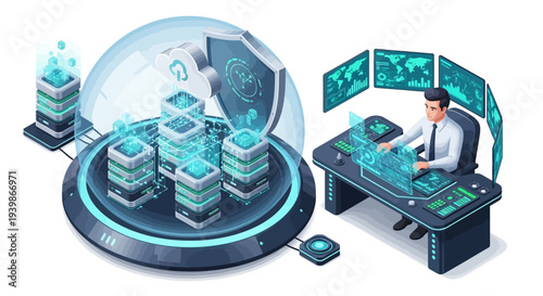 A man works at a desk with a large server and database system protected by a firewall for secure internet connection.
