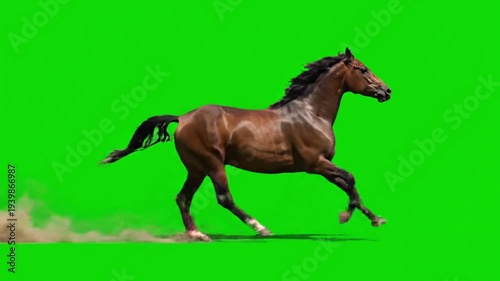 Running brown horse in dynamic motion with green screen background for equestrian advertising