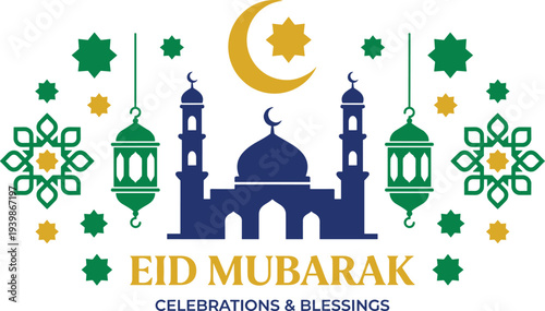 Festive Islamic Celebration Illustration featuring a Grand Mosque Silhouette, Crescent Moon, and Intricate Lantern Decorations, symbolizing Joy and Blessings for the Holiday