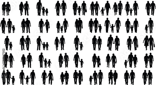 WebTitle: Patterned grid of family silhouettes showing varied adult and child combinations representing diverse family structures relationships and social demographics in minimalist style.