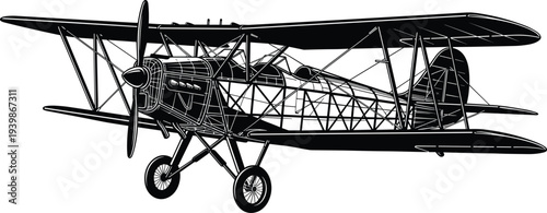 Vintage biplane aircraft detailed silhouette illustration showing classic propeller airplane with exposed framework structure isolated vector for aviation history and retro transport design