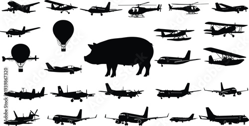 Aircraft and aviation silhouette collection with airplanes, helicopters, hot air balloons and pig shape isolated vector set for transport and aviation design