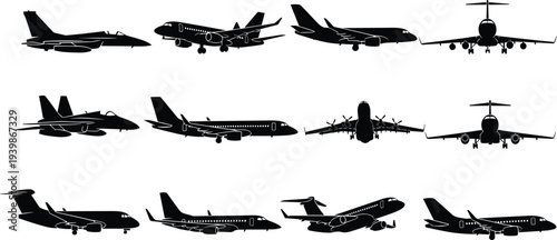 Collection of airplane and fighter jet silhouettes including passenger aircraft, military jets and cargo planes isolated vector set for aviation and transport design