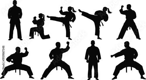 Karate martial arts training silhouettes set with male and female fighters performing punches, kicks, combat stances isolated vector illustration
