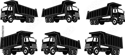 Heavy dump truck silhouette collection with multiple angles isolated vector set for construction, mining transport, road work and industrial vehicle design