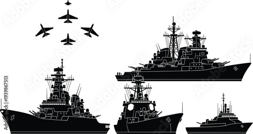 Military warships and fighter jets silhouette collection featuring naval destroyers, battleships and aircraft formation isolated for defense, navy and warfare design projects