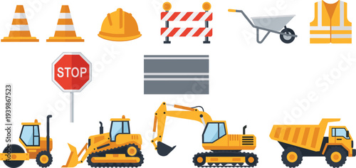 Construction equipment and safety icons set including excavator, bulldozer, dump truck, traffic cones, stop sign and protective gear for roadwork projects