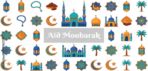 Exquisite vector set featuring traditional Islamic symbols for religious holidays and cultural festivities, showcasing beautiful mosques, crescent moons, and ornate lanterns