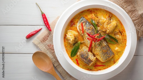 Hearty Fish Curry With Red Chillies And Green Leaves In White Bowl On White Wood Table With Wooden Spoon