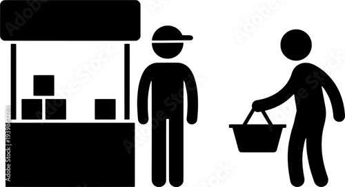 Market Stall Vendor Waiting for Customer with Shopping Basket Icon