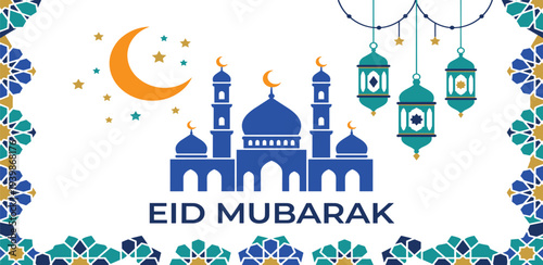 Celebrating Eid Mubarak with mosque, lanterns, and crescent moon in a festive Islamic scene from a front viewpoint