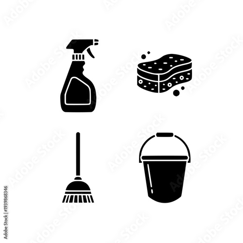 cleaning service icon set black glyph spray bottle sponge broom bucket