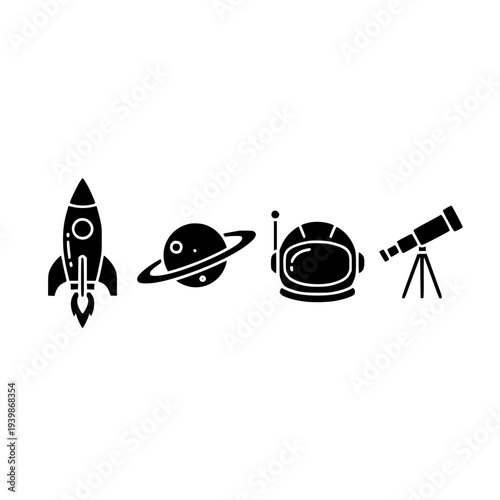 space astronomy icon set black glyph rocket planet saturn astronaut helmet telescope