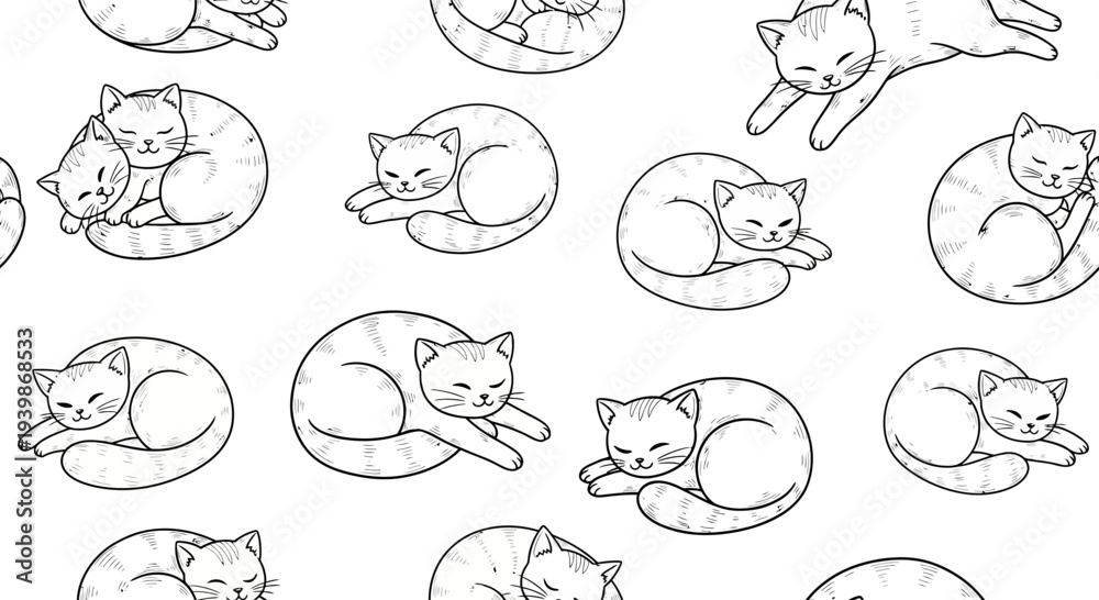 Obraz premium Cute sleeping cats pattern, hand-drawn sketch style, seamless background for textile and design