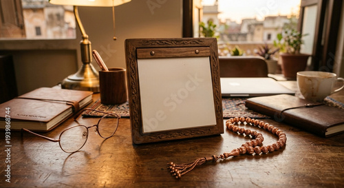 old fashioned objects on the table with a white wooden  writable sheet