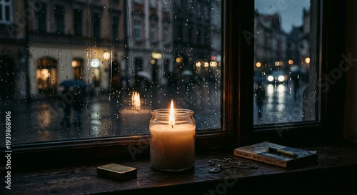rain outside the window and candle placed near quran 