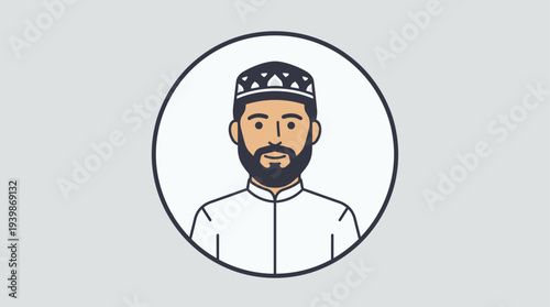 Eid celebration with a bearded man in a taqiyah in a circle perfect for ramadan, islamic festivals, eid greetings, religious graphics.
