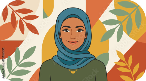 Eid celebration with a woman in hijab among colorful autumn leaves, perfect for greeting cards, holiday marketing banners, and social media posts.