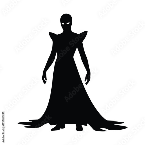 Mysterious figure in dark cloak with glowing eyes standing alone