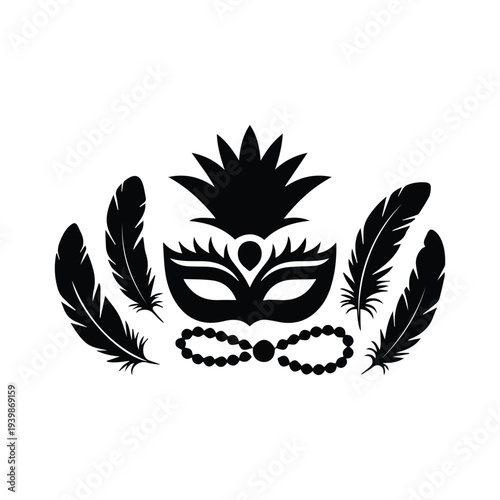 Mysterious masquerade mask with feathers and beads on white