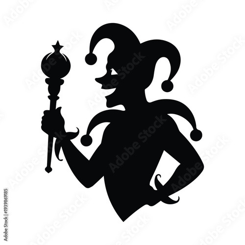 Silhouette of jester holding scepter with star on top confidently
