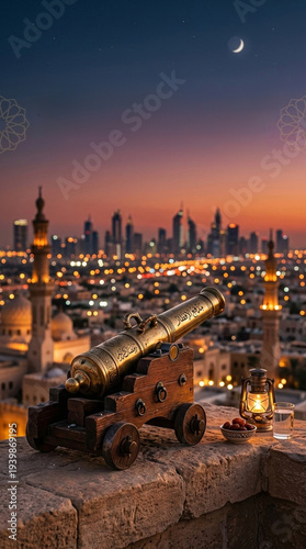  A writable template for ramadan and eid invites and for other digital use. Golden cannon with Arabic inscriptions atop a stone wall, overlooking a city skyline at dusk, possibly Dubai. The background
