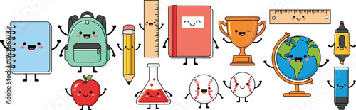Kawaii School Supplies Collection Featuring Cute Cartoon Backpack, Notebook, Pencil, Globe, Trophy, and Stationery Characters Isolated on a Plain White Background