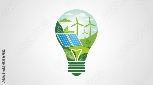 Eco friendly light bulb vector with solar panel and wind turbines