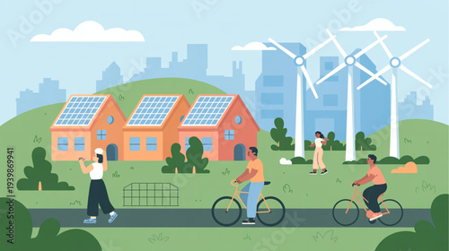 Vector illustration of eco-friendly neighborhood with renewable energy